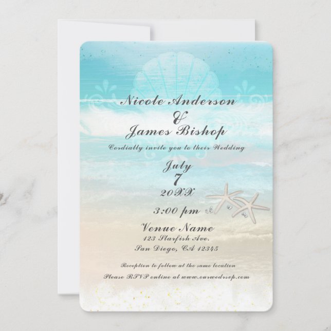 Beach White Starfish Elegant Summer Wedding Invitation (Front)