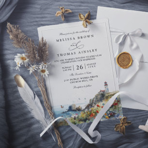 Beach Wildflower Lighthouse Beach Elegant Wedding  Invitation