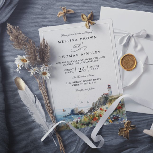 Beach Wildflower Lighthouse Beach Elegant Wedding  Invitation (Creator Uploaded)