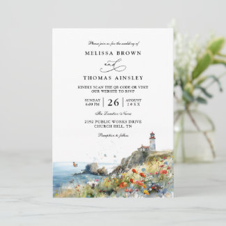 Beach Wildflower Lighthouse Beach QR Code Wedding Invitation