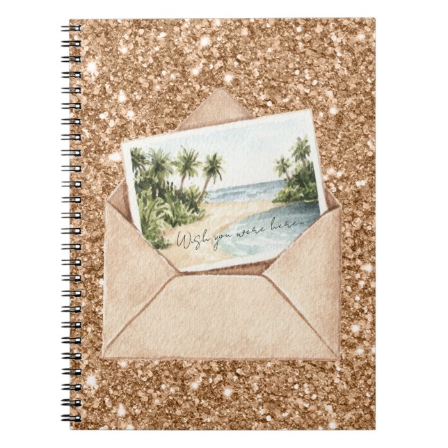 Beach Wish You Were Here Postcard Gold Glitter Notebook (Front)