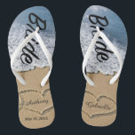 Beach With Hearts In Sand Bride Wedding Flip Flops<br><div class="desc">Love is in the air! Get these great flip flops for yourself or they make a great gift as well. They have the word "Bride" going down them in a script font. There's a beach scene with hand drawn hearts in the sand. Personalise with your and your husband. Yo0u can...</div>