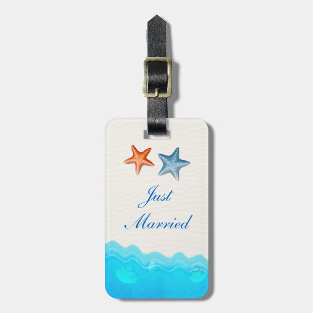 Beach With Starfish Wedding Just Married Luggage Tag (Front Vertical)
