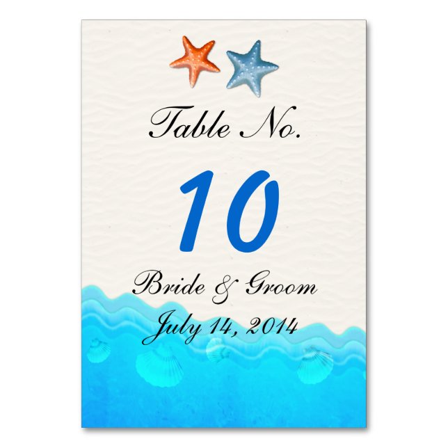 Beach With Starfish Wedding Table Card (Front)