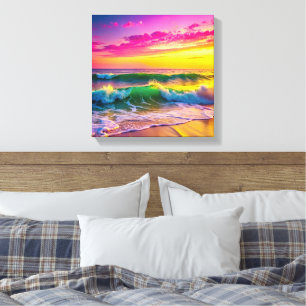 Beach with Yellow and Pink Ocean Waves Vibrant Canvas Print