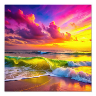 Beach with Yellow and Pink Ocean Waves Vibrant  Photo Print