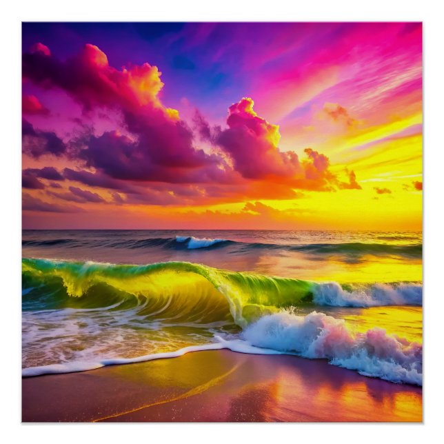 Beach with Yellow and Pink Ocean Waves Vibrant  Poster (Front)