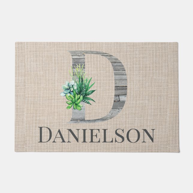Beach Wood Letter D  & Succulents Personalised  Doormat (Front)