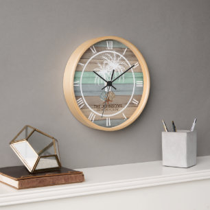 Beach Wood Nautical  Design with Palm Trees Clock
