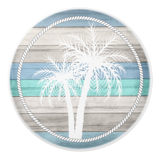 Beach Wood Nautical Palms - Blue, Tan, Teal Ceramic Knob (Front)
