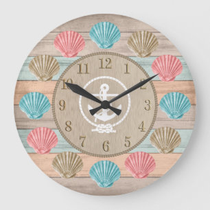Beach Wood Nautical Seashells & Anchor Large Clock