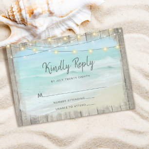 Beach Wood Rustic String Lights Wedding RSVP Card