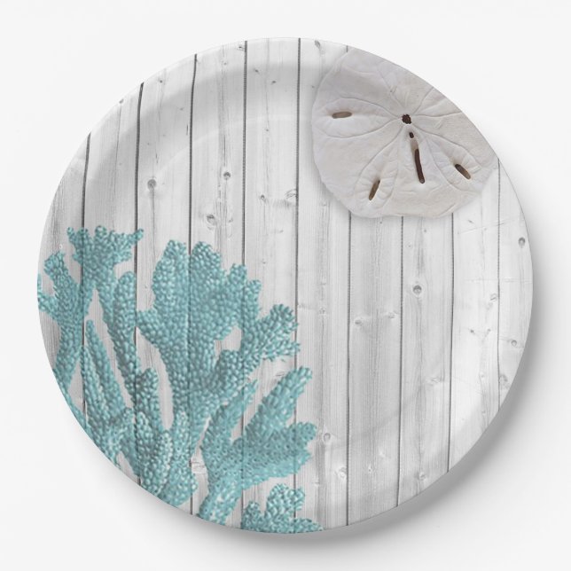 Beach Wood Sand Dollar Teal Coral Paper Plates (Front)