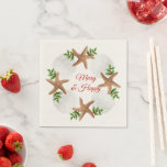 Beach Wreath Merry n Happy Christmas Napkin<br><div class="desc">Beach themed Christmas napkin with sand dollars and starfish design.  Seashells and green holly make a wreath around centre text which reads,  "Merry and Happy".</div>