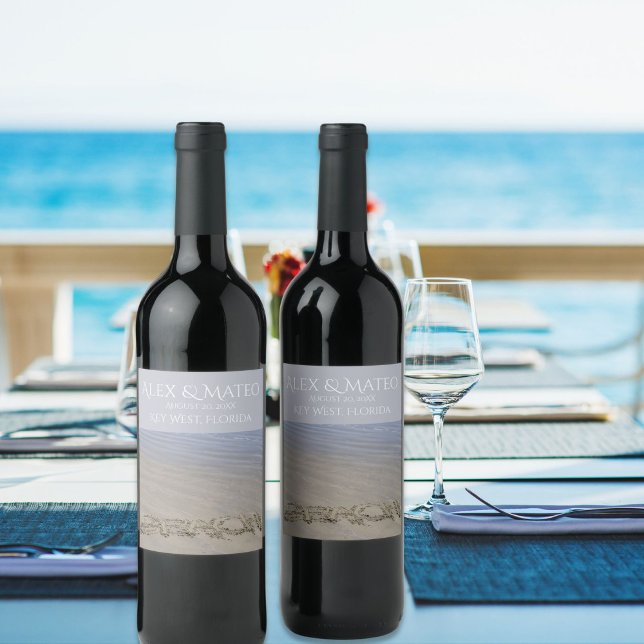 Beach writing on the sand elegant neutral  wine label (Creator Uploaded)