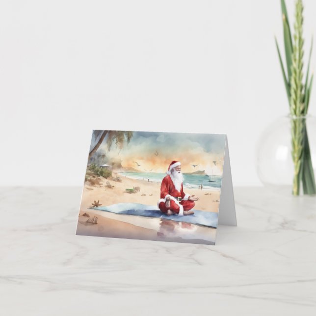Beach Yoga Santa with Palm Trees Holiday Card (Front)