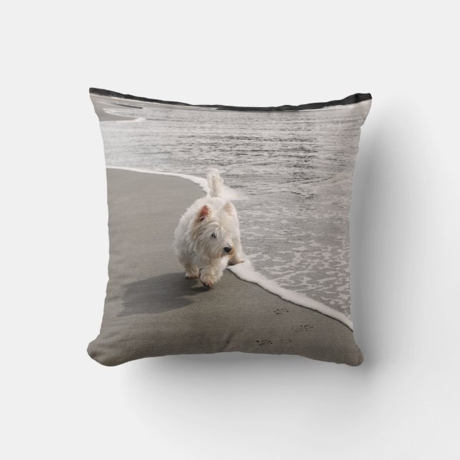 Beachcombing Westie Dog Photo Throw Pillow (Front)
