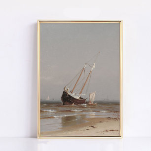 Beached Boat Print, Vintage Wall Art, Seascape Poster