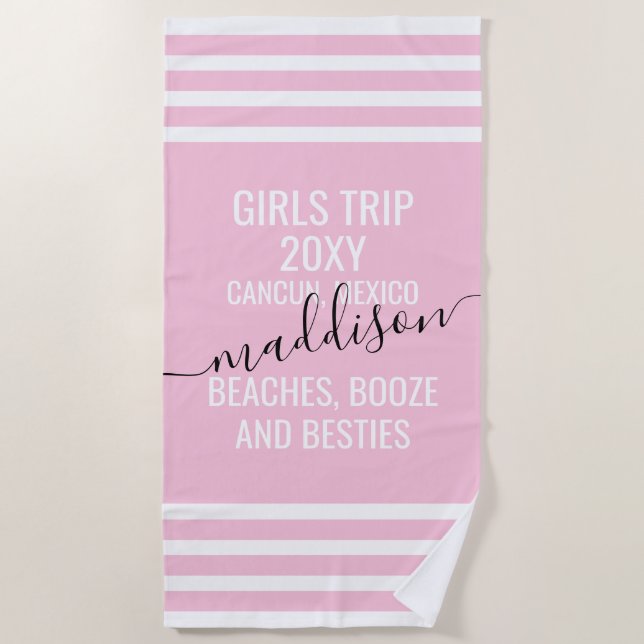 Beaches Booze Besties Personalised Girls Trip Pink Beach Towel (Front)