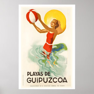 Beaches in Gipuzkoa Spain Vintage Travel Poster