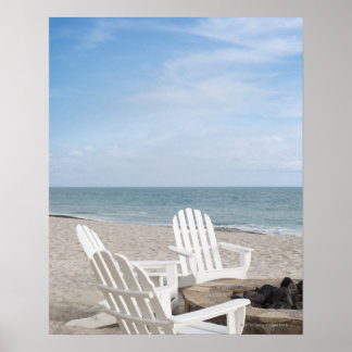 beachfront house with adirondack chairs and poster
