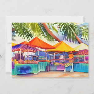Beachfront Market Stalls Watercolor Greeting Card