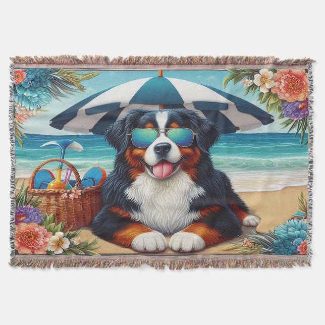 Beachside Bernese Bliss: Cool Dog with Sunglasses Throw Blanket (Front)