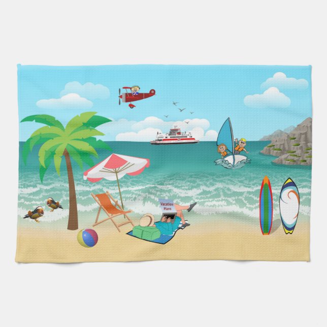 Beachside Family Fun Tea Towel (Horizontal)