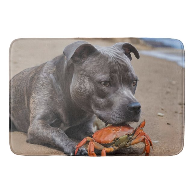 "Beachside Pals: A Staffy and Its Crab Companion" Bath Mat (Front)
