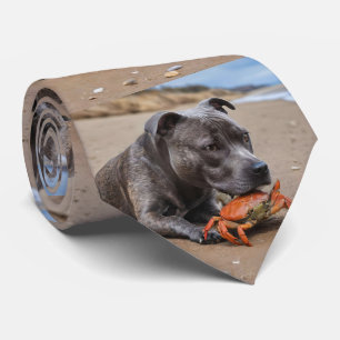 "Beachside Pals: A Staffy and Its Crab Companion" Tie