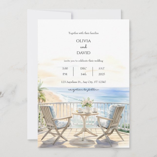  Beachside Resort Balcony Ocean View Beach Wedding Invitation (Front)