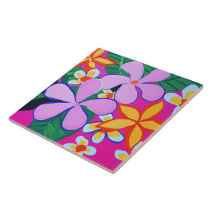 Beachy and modern tropical flowers on pink tile