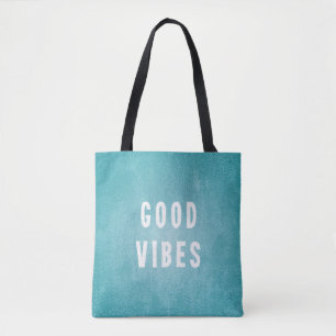 Beachy Aqua Blue/Green Distressed Print Good Vibes Tote Bag