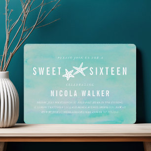 Beachy Aqua Watercolor & Starfish Sweet Sixteen Invitation