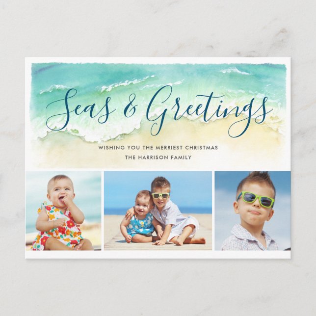 Beachy Blue 3-Photo Seas & Greetings Holiday Postcard (Front)
