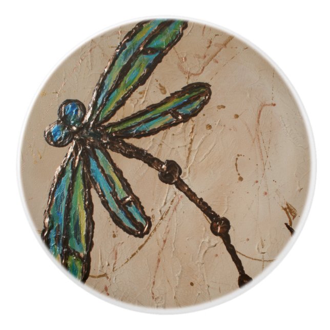 Beachy Blue and Green Dragonfly Flit Ceramic Knob (Front)
