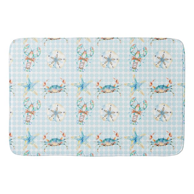 Beachy Blue Crab, Lobster, Starfish, Sand Dollar Bath Mat (Front)