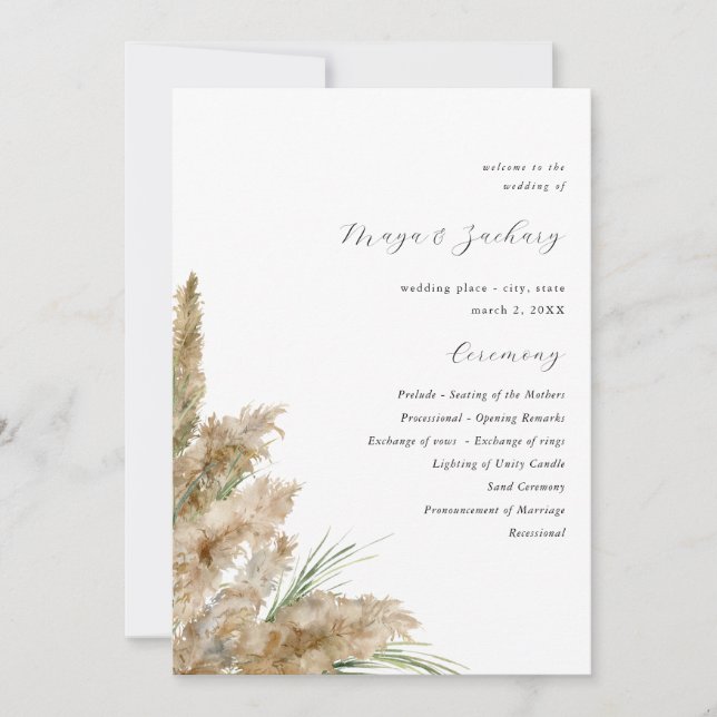 Beachy Boho Pampas Grass Wedding Ceremony Program Invitation (Front)