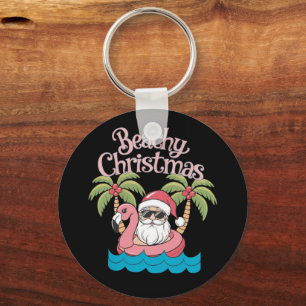 Beachy Christmas Tropical Vacation Santa Beach  Key Ring
