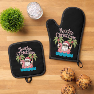 Beachy Christmas Tropical Vacation Santa Beach Oven Mitt & Pot Holder Set