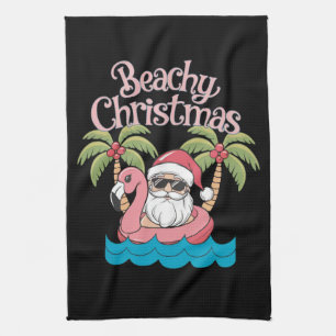 Beachy Christmas Tropical Vacation Santa Beach  Tea Towel