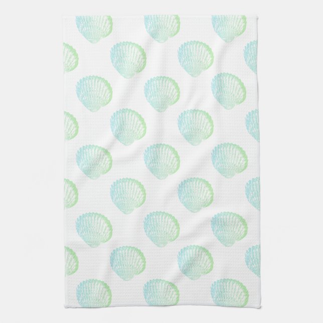 Beachy Coastal Seafoam Green Seashells Tea Towel (Vertical)