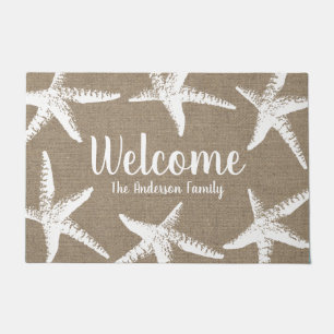 Beachy Coastal White Starfish Faux Burlap Doormat