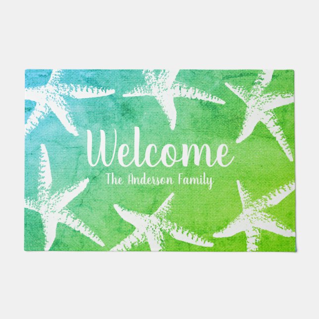 Beachy Coastal White Starfish & Ocean Green Doormat (Front)