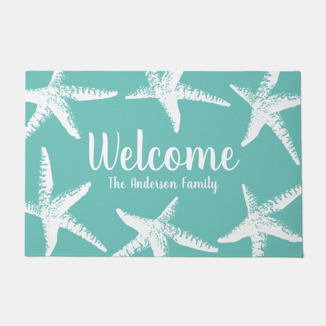 Beachy Coastal White Starfish Ocean Green Doormat (Front)