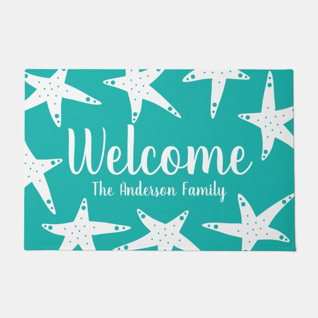 Beachy Coastal White Starfish & Ocean Green Doormat (Front)