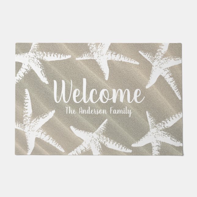 Beachy Coastal White Starfish & Sand Doormat (Front)