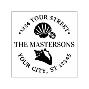 Beachy Conch Scallop Shells Round Name Address Self-inking Stamp