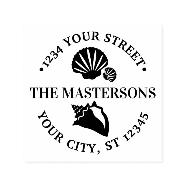 Beachy Conch Scallop Shells Round Name Address Self-inking Stamp (Design)