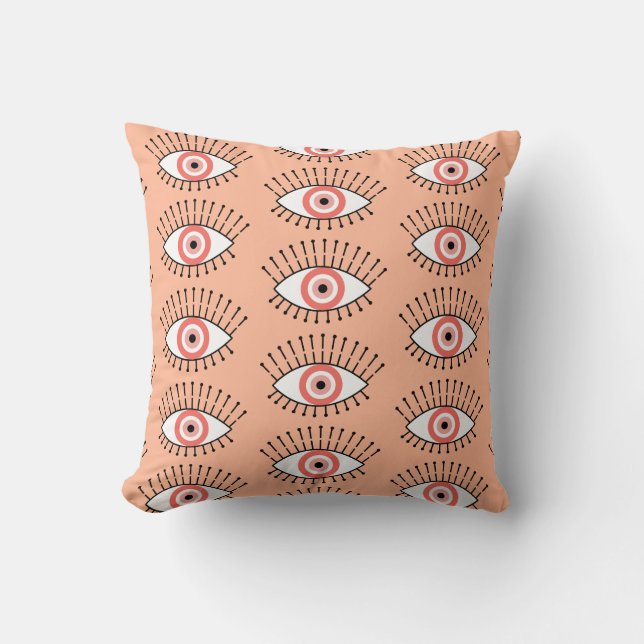 Beachy Coral Pink Evil Eye Patterned Reversible Cushion (Front)